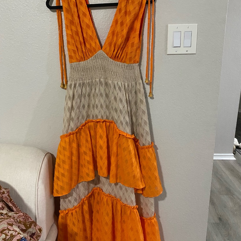 Boho Orange and Beige Tiered Maxi Dress